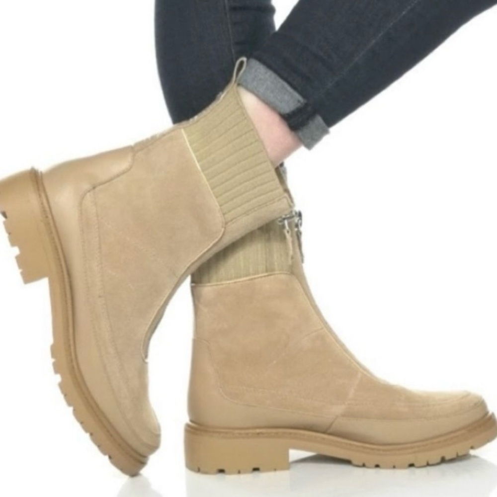 Sam Edelman Leone Women’s Leather Suede Zipper Lug Sole Sesame Tan Boots, Sz 6.5